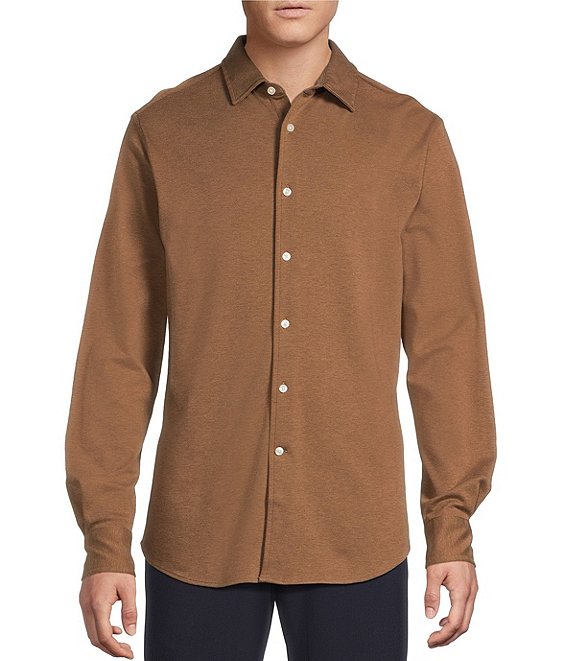Cremieux Daniel Cremieux Signature Label The Highlands Collection Solid Knit Long Sleeve Coat Front Shirt, Camel Heather - Image 1