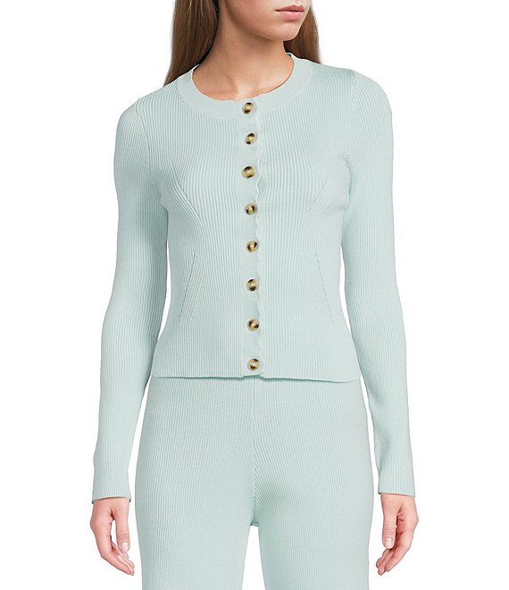 Dee Elly Ribbed Knit Button Front Long Sleeve Cardigan, Teal - Image 1