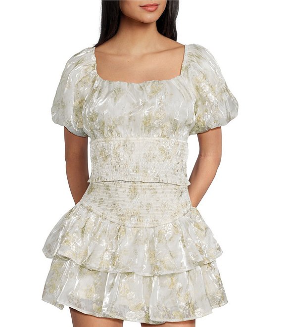 Dee Elly Short Sleeve Floral Embroidered Coordinating Crop Top, Green - Image 1