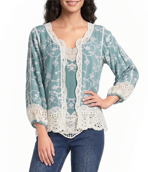 Democracy Embroidered 3/4 Blouson Sleeve Open-Front Crochet Jacket