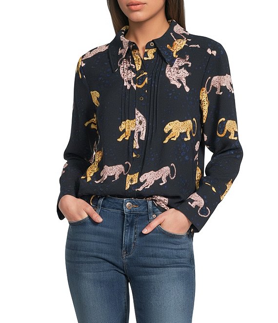 Democracy Petite Size Woven Animal Print Point Collar Long Sleeve Button-Front Shirt, Navy Multi - Image 1
