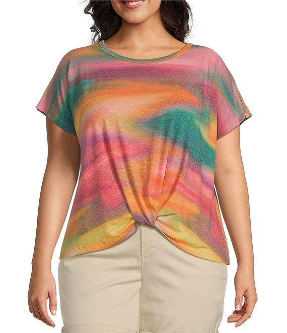 Democracy Plus Size Abstract Tie Dye Print Crew Neck Short Sleeve Twist Front Hem Knit Top, Emerald Teal Multi - Image 1