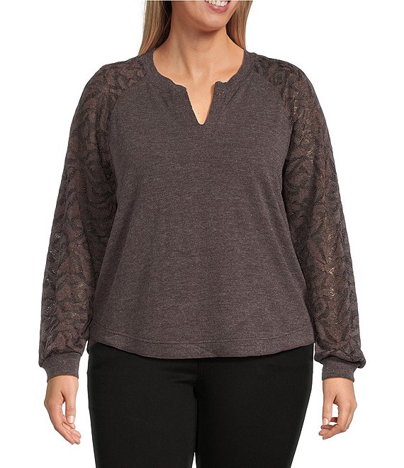 Democracy Plus Size Mixed-Media Knit Split Round Neck Long Sleeve Top, Heather Espresso - Image 1