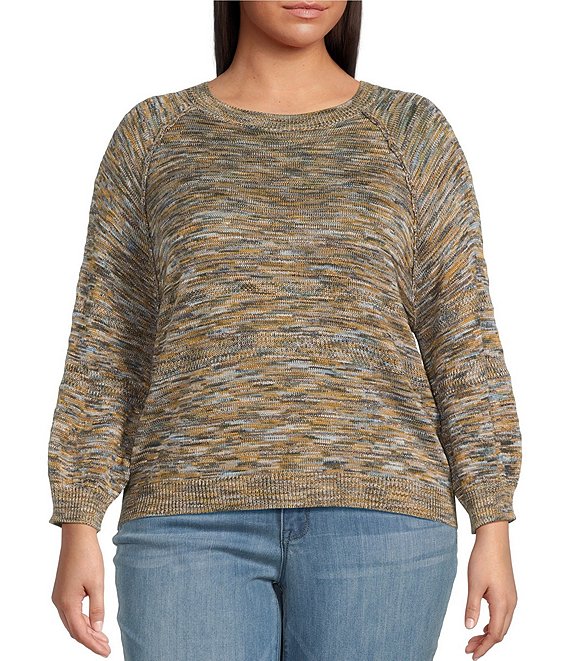 Democracy Plus Size Space-Dye Print Round Neck 3/4 Sleeve Sweater, Golden Olive Multi - Image 1