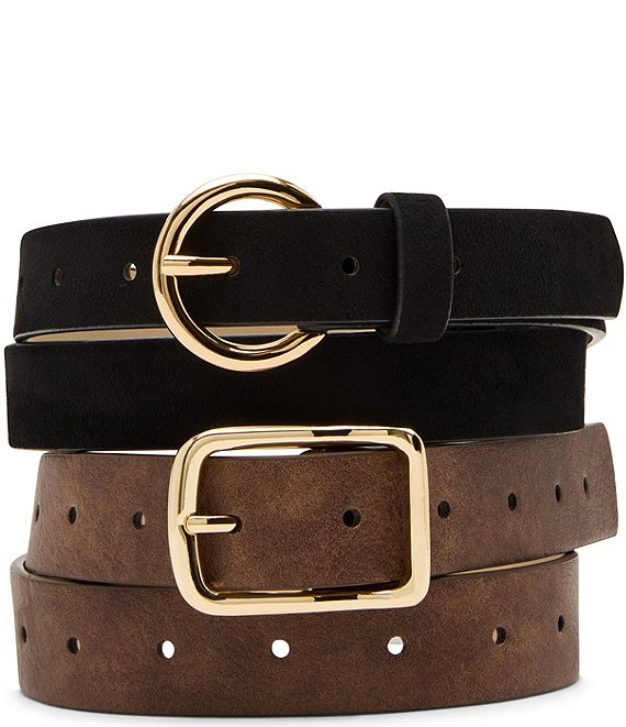 Dillard's 0.98#double; Round Buckle Faux Suede & 1.1#double; Rectangle Buckle Textured 2 For 1 Belt Set, Black/Cognac - Image 1