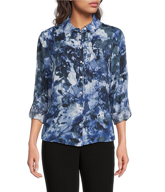 Donna Karan DKNY by Donna Karan Georgette Point Collar Long Roll-Tab Sleeve Button Front Shirt, Hudson Blue/Liberty Multi - Image 1