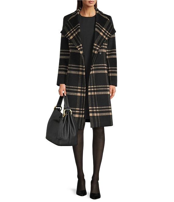 Donna Karan DKNY by Donna Karan Plaid Print Shawl Collar One Button Wool Blend Coat, Black Plaid - Image 1