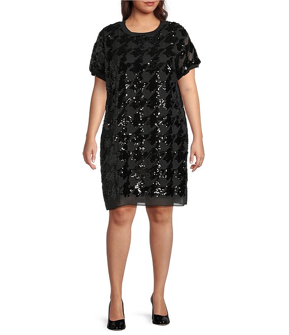 Donna Karan DKNY by Donna Karan Plus Size Sequin Houndstooth Short Sleeve Shift Dress, Black/Black - Image 1