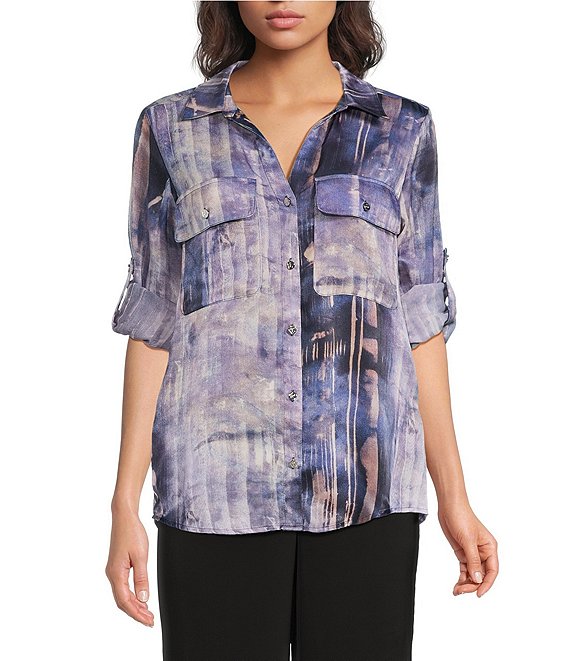 Donna Karan DKNY by Donna Karan Woven Point Collar Long Roll-Tab Sleeve Button Front Blouse, Hudson Lights - Image 1