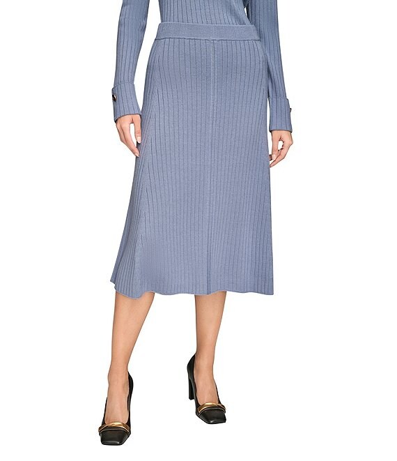 Donna Karan Coordinating Ribbed Wool Blend A-Line Midi Skirt, Tempest - Image 1