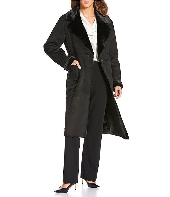 Donna Karan Faux Shearling Notch Collar Belted Button Front Wrap Coat, Black - Image 1