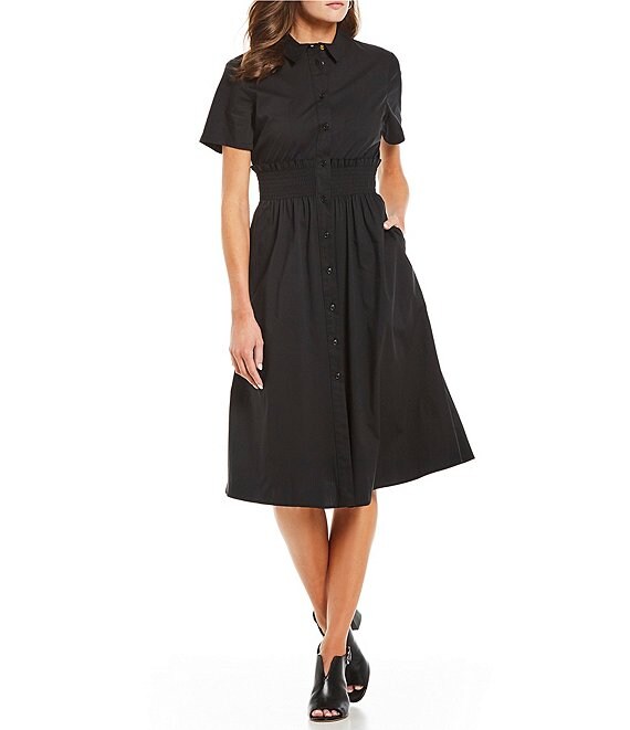 Donna Karan New York Stretch Poplin Short Sleeve Collared Smocked Waist Midi Length Shirt Dress