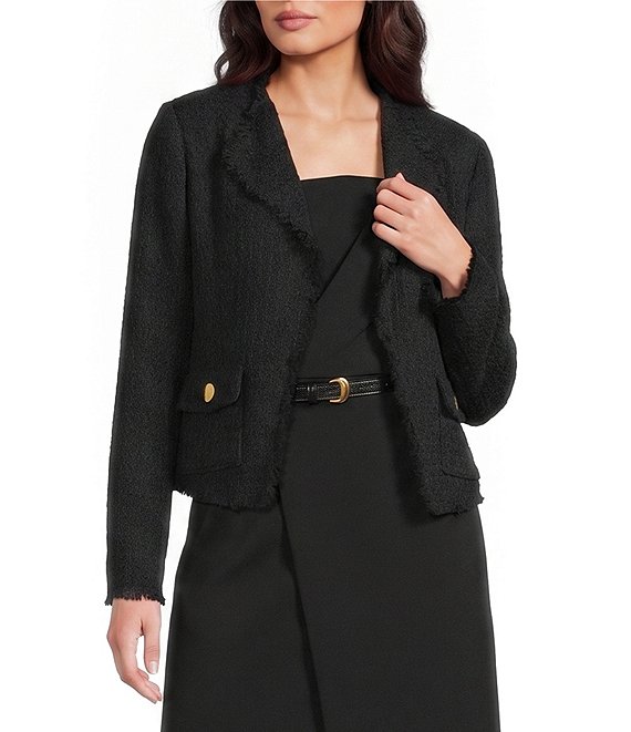 Donna Karan Tweed Notch Collar Long Sleeve Open Front Jacket