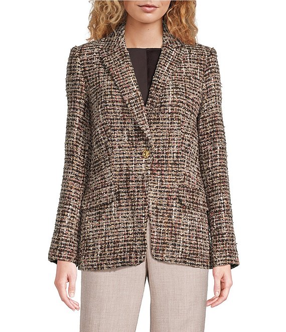 Donna Karan Tweed Notch Collard Long Sleeve One Button Jacket, Chocolate Plum Multi - Image 1