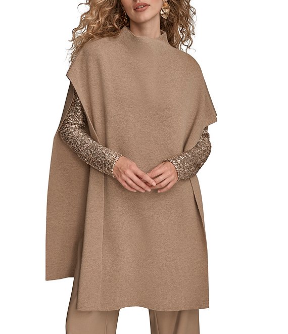 Donna Karan Wool Blend Mock Neck Asymmetric Poncho, Heather Nolita - Image 1