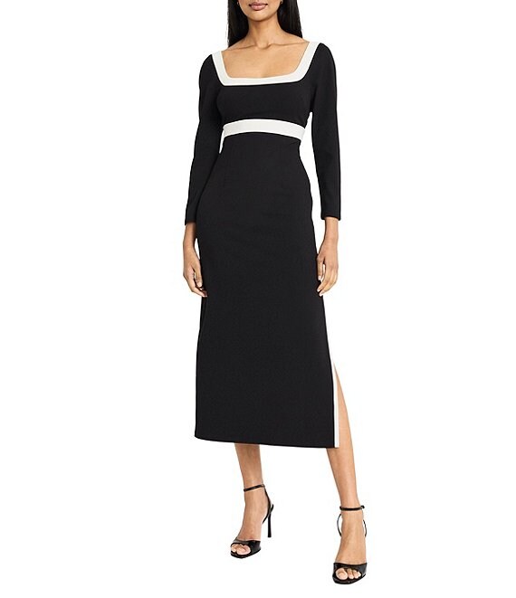Donna Morgan Scuba Crape Contrast Color Bind Square Neck Long Sleeve Midi Dress, Black Ivory - Image 1