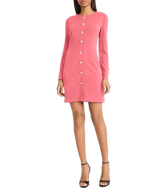 Donna Morgan Scuba Crepe Long Sleeve Faux Button Front Dress, Holy Berry - Image 1