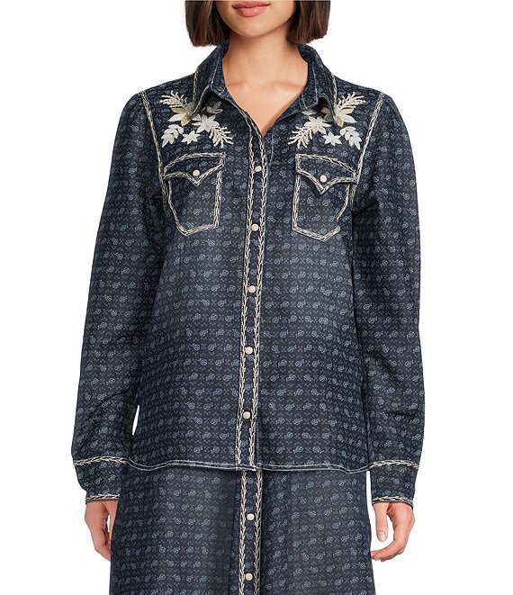 Double D Ranch Woven Embroidered Point Collar Long Sleeve Coordinating Blouse, Denim - Image 1