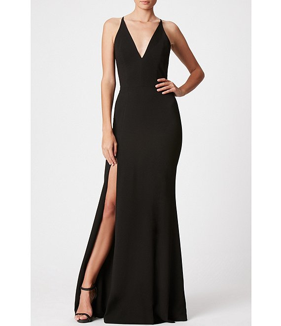 Color:Black - Image 1 - Crepe Plunging V-Neck Side Slit Gown