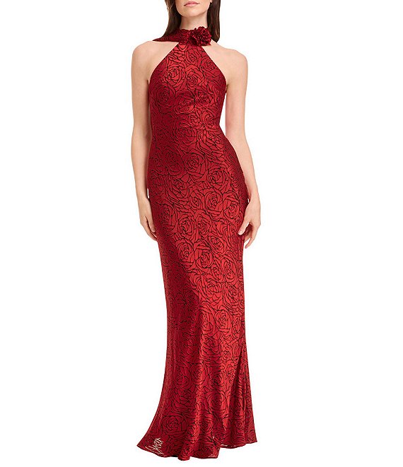 Dress the Population Halter Mock Neck Sheath Gown With Extended Neck Drape, Rouge Multi - Image 1