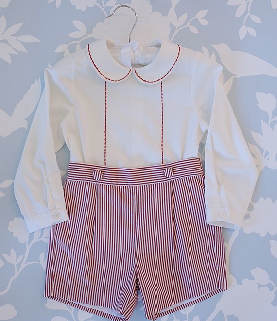 Edgehill Collection x The Broke Brooke Baby Boys Henry Stripe Short Set, Burgundy - Image 1