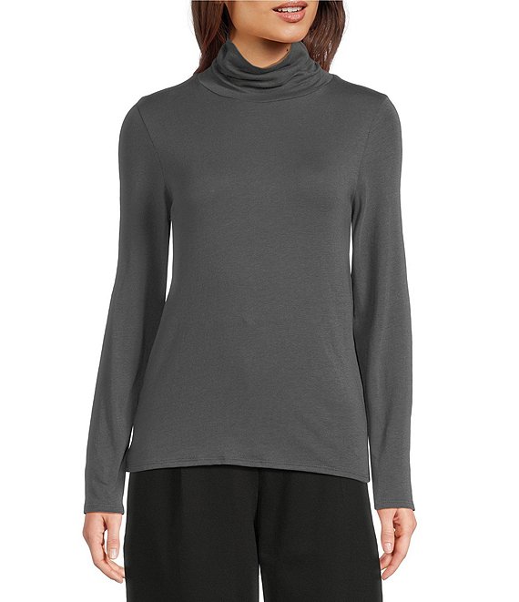 Eileen Fisher Organic Cotton Blend Knit Turtleneck Long Sleeve Top, Everglade - Image 1