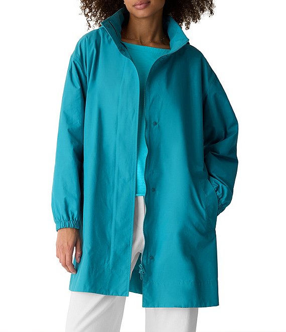 Eileen Fisher Petite Size Stand Collar Long Sleeve Long Coat, River - Image 1