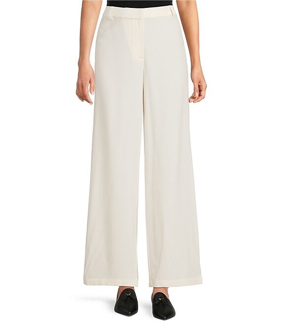 Eileen Fisher Petite Size Stretch Wool Crepe Flat Front Wide Leg Trouser Pants, Soft White - Image 1