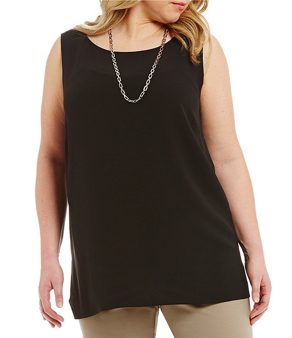 Eileen Fisher Plus Bateau Neck Long Silk Shell