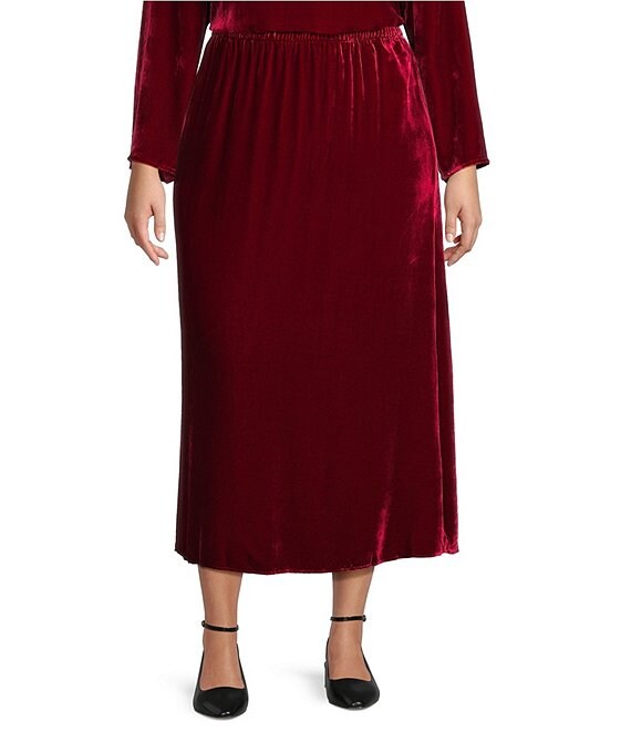 Eileen Fisher Plus Size Silk Velvet Flared Midi Skirt, Ruby - Image 1