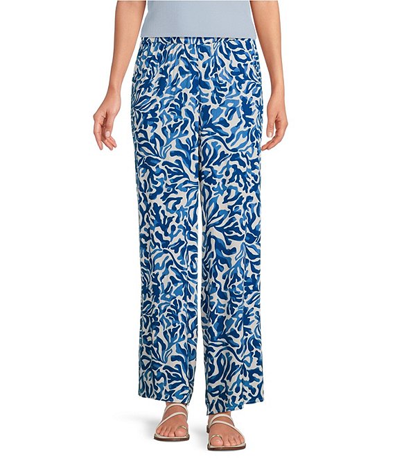 ELAN Coordinating Printed Elastic Waist Wide Leg Pants, Blue Coralina - Image 1