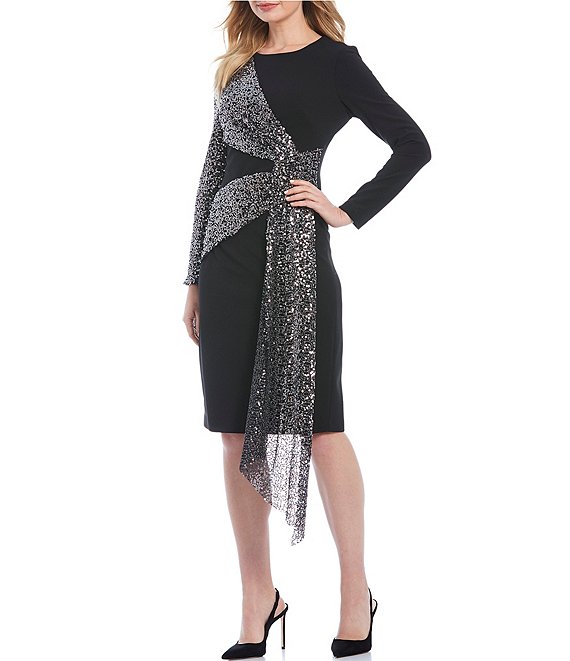 Eliza J Sequin Colorblock Sash Crepe Sheath Dress