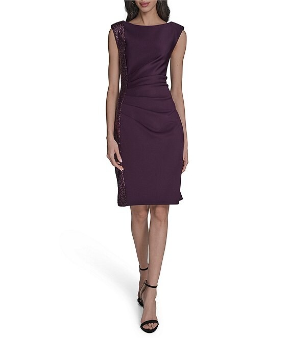 Eliza J Sequin Crew Neck Cap Sleeve Side Tuck Side Beading Sheath Dress, Plum - Image 1