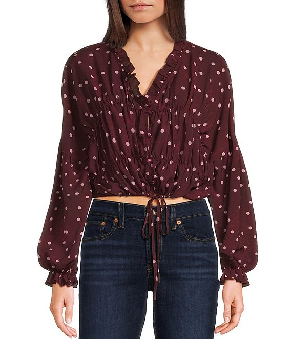 Emory Park Polka Dot V-Neck Button Front Long Sleeve Cinched Hem Blouse, Burgundy Polka Dot - Image 1