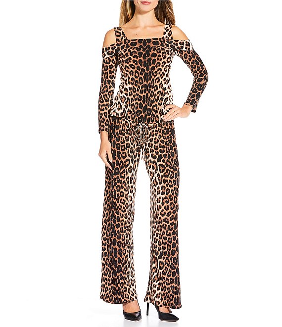 Eva Varro Cheetah Print Cold Shoulder 3/4 Sleeve Straight Leg Drawstring Jumpsuit, Brooke - Image 1