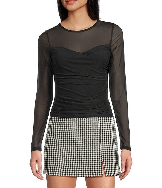 Evolutionary Mesh Side Ruched Long Sleeve Top, Black - Image 1