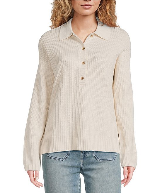Faherty Miramar Linen Blend V-Neck Collared Long Sleeve Sweater, Summer Sand - Image 1