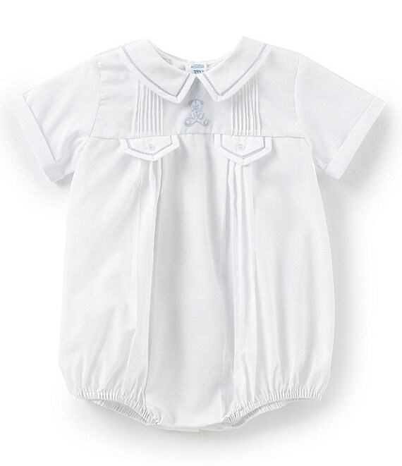Color:White/Blue - Image 1 - Baby Boys 3-9 Months Teddy Bear Embroidered Shortalls