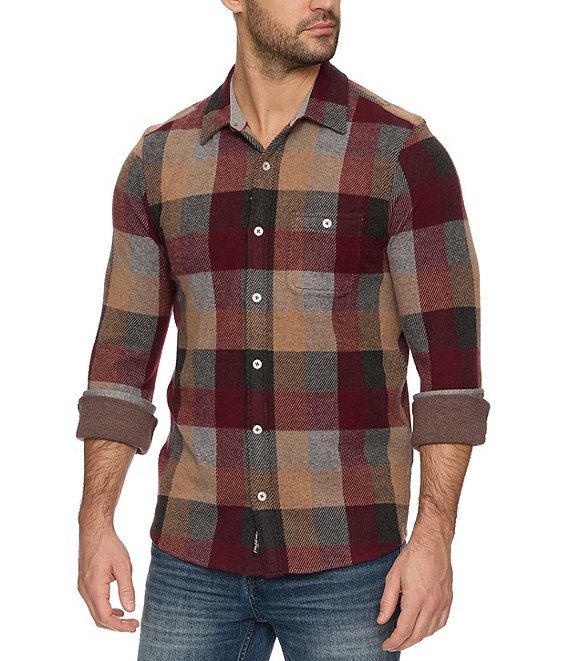 Flag and Anthem Mathis Long Sleeve Box Plaid Flannel Performance Shirt, Maroon/Grey/Tan - Image 1