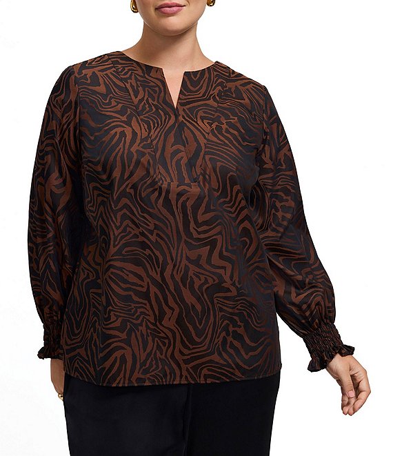 Foxcroft Plus Size Alicia Sateen Zebra Print Split V-Neck 3/4 Sleeve Top, Machiatto/Black - Image 1