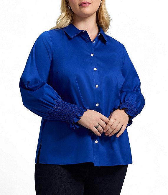 Foxcroft Plus Size Avril Stretch Matte Sateen Long Sleeve Button-Front Shirt, Blue Topaz - Image 1