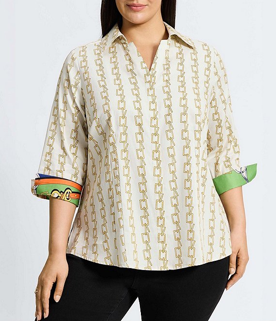 Foxcroft Plus Size Taylor Chain Stripe Print Wrinkle Free Cotton Sateen 3/4 Sleeve Button-Front Shirt, Ivory Multi - Image 1