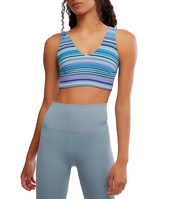 Free People FP Movement Never Better Plunging V Front and Back Cropped Cami, Blueberry Wave Stripe - Image 1