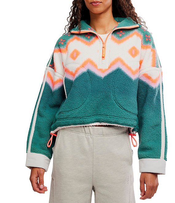 Free People FP Movement Printed Mountain High 1/2 Zip High Neck Long Sleeve Fleece Pullover, Soft Glow Green Glow - Image 1