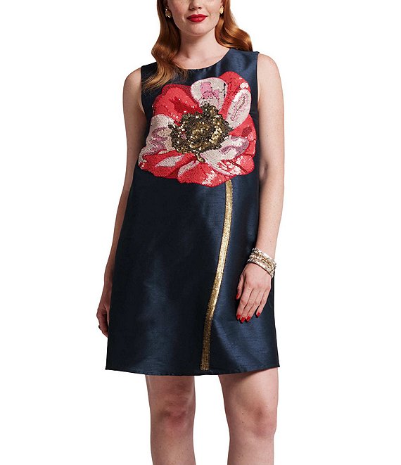 FRANCES VALENTINE Alice Sequin Paradise Poppy Embroidered Dupion Scoop Neck Sleeveless Shift Dress, Navy/Multi - Image 1