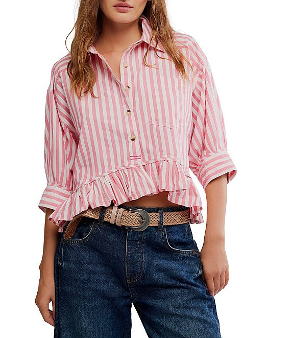 Free People We The Free Bailey Stripe Print Point Collar 3/4 Sleeve Ruffle High-Low Hem Button Front Blouse, Coral Combo - Image 1