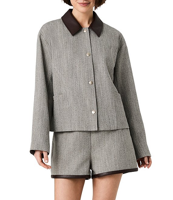 French Connection Speckled Herringbone Suiting Collared Long Sleeve Cropped Jacket