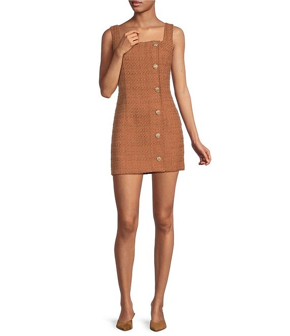 French Connection Structured Tweed Square Neck Sleeveless Button Front Mini Dress, Cafe Brown - Image 1