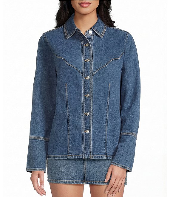 GB Western Denim Button Up Shirt, Dark Blue - Image 1