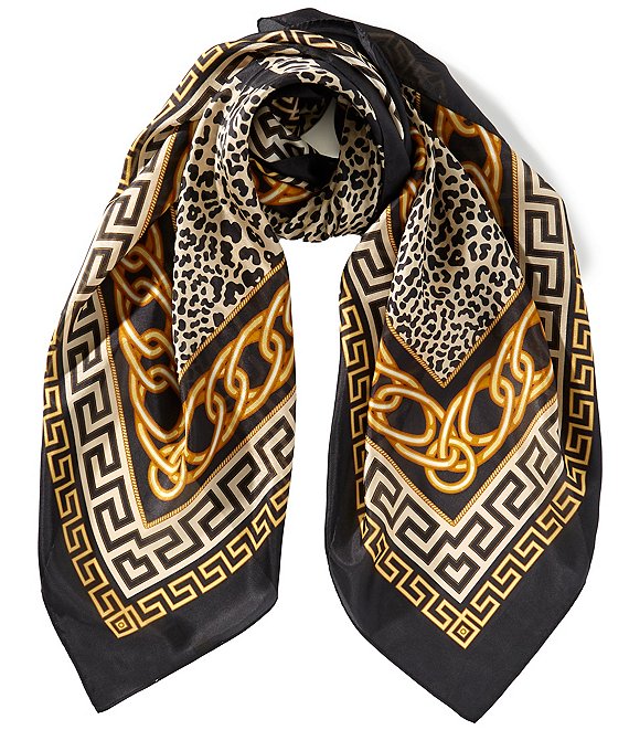 Gemma Layne Leopard and Geometric Silk Square Scarf, Neutral - Image 1